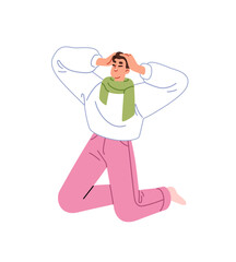 Excited man stands on knees for happy. Fan holds his head for joy. Cheerful boy celebrates winning, victory. Young person rejoices at success. Flat isolated vector illustration on white background