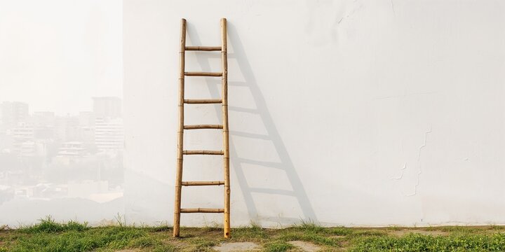 Wooden and bamboo ladder leaning against a white wall along a roadside, serving as a background pattern for design or texture analysis