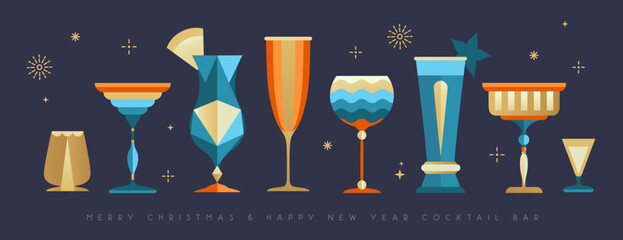 Set of holiday Christmas and New Year cocktails and champagne glasses isolated on dark background. Vector illustration