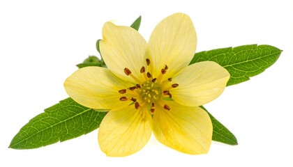 Yellow flower with green leaves with white bg.
