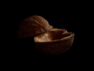 Dramatic Low Key Image of an Open Walnut Shell