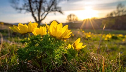 Yellow spring flowers at sunset.