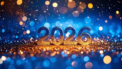 Happy New Year 2026 celebration background with glittering gold numbers and sparkling blue and orange bokeh lights.