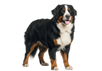 Full body shot of a bernese mountain dog standing alertly, cute pet animal, dog breed stock photo, isolated on transparent background