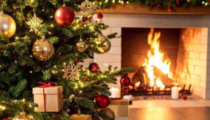 Cozy Christmas tree decorated with golden and red ornaments, glowing lights, and gifts, set against a warm burning fireplace, creating a festive holiday atmosphere at home.
