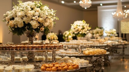 Elegant and Opulent Dessert Buffet Spread Featuring an Assortment of Gourmet Pastries Cakes Pies