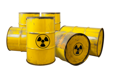 Barrel with radioactive waste. Nuclear warning sign. Rusty dangerous barrel with radionuclide, hazardous toxins on isolated background
