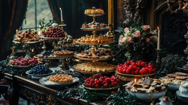 Exquisite display of delectable desserts cakes and pastries on an ornate tiered buffet table at an elegant wedding reception The spread showcases a variety of tempting confections