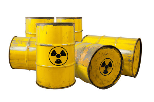 Barrel with radioactive waste. Nuclear warning sign. Rusty dangerous barrel with radionuclide, hazardous toxins on isolated background - Powered by Adobe