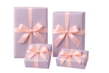 Purple gift boxes with pink bows and ribbons