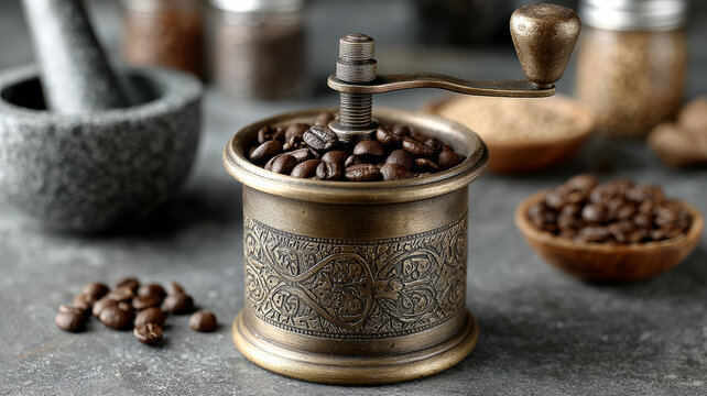 Vintage coffee grinder with coffee beans for rustic kitchen decor.