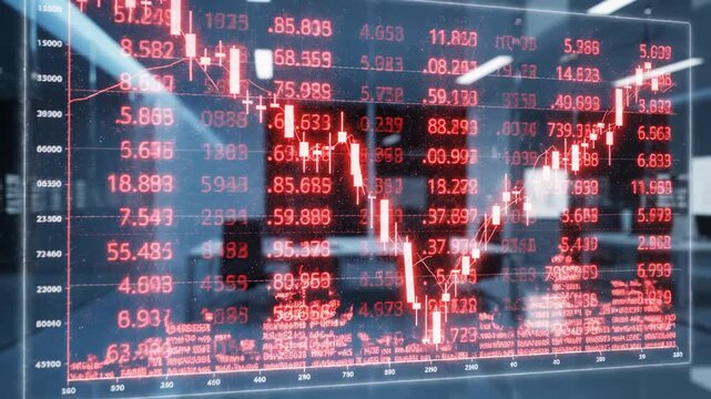 Red financial candlestick chart with numerical data moving across transparent screen in modern office environment