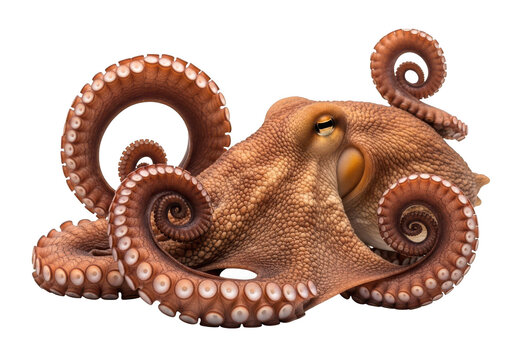 Detailed octopus image, cephalopod with curled tentacles, marine life, sea creature illustration, animal stock photo, high resolution, isolated on transparent background