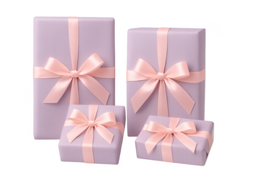 Purple gift boxes with pink bows and ribbons