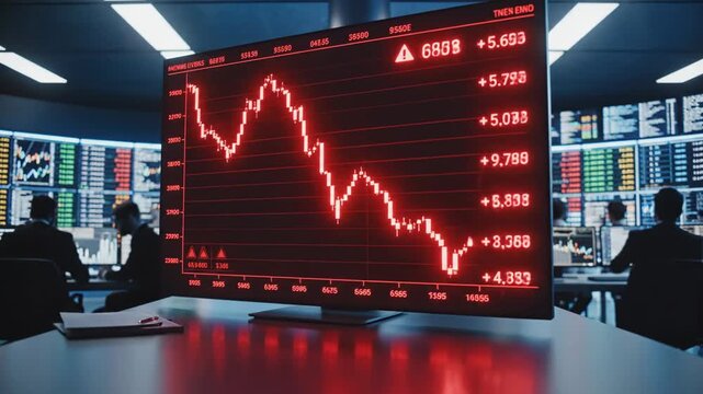 Red financial chart displaying fluctuating stock prices on monitor in trading room with people working at desks