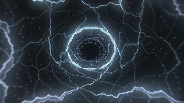 Dynamic swirling vortex with electric blue lightning bolts creating a mesmerizing tunnel effect in a dark, mysterious environment, capturing the essence of energy and movement in a futuristic scene
