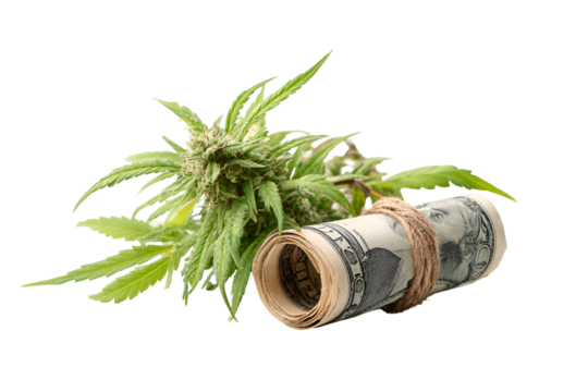 Marijuana bud and rolled up dollar bills isolated on transparent background - Powered by Adobe