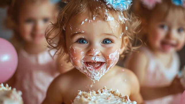 Gleeful toddler with messy face and hair covered in cake and frosting laughing and smiling during a first birthday party with balloons and confetti in the background - Powered by Adobe