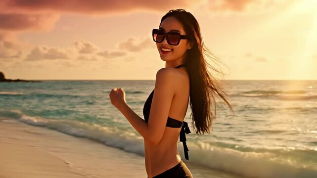 small bikini - A young woman with long hair enjoying a sunset at the beach, wearing sunglasses and a black bikini, radiating joy and confidence amidst gentle ocean waves