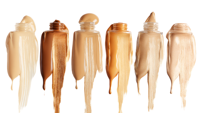Six shades of liquid foundation makeup dripping isolated on transparent background