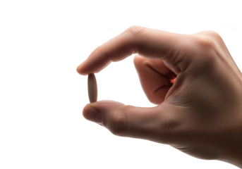 Close-up of hand holding beige capsule pill for medication or supplement, pharmaceutical product, healthcare concept isolated on transparent background