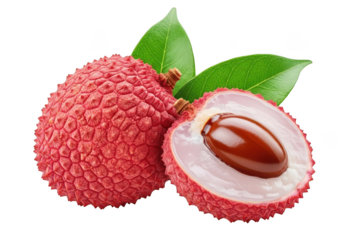 High-resolution lychee fruit photo, close-up of fresh lychee with green leaves and seed, tropical fruit, food photography, healthy eating, isolated on transparent background