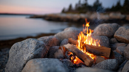 Campfire by a lake with rocks at sunset.