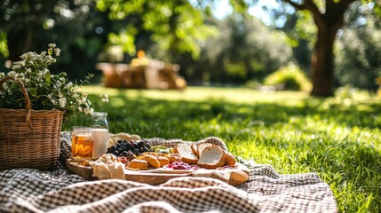 Scenic sunlit picnic with a cozy blanket spread on the grass and a wicker basket filled with an assortment of outdoor party fare including wine cheese bread and fresh fruit in a lush