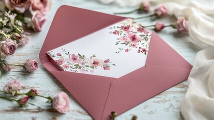 Close up of beautifully designed personalized party invitations with a floral pattern and elegant envelope  The invitations feature a pink rose and pastel flower design