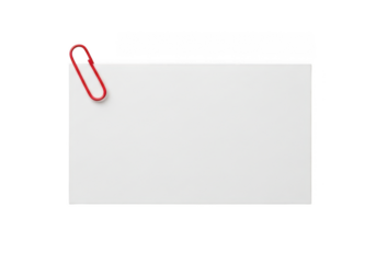 Blank white index card with red paper clip mockup template for note taking and reminders, isolated on transparent background