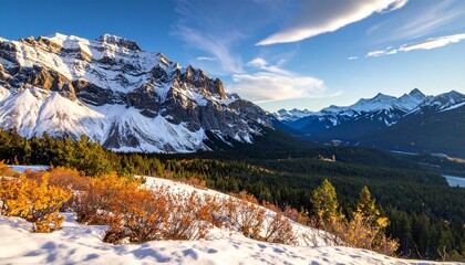 Fototapeta premium Snowy mountains and forest landscape.