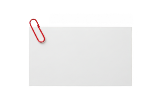 Blank white index card with red paper clip mockup template for note taking and reminders, isolated on transparent background