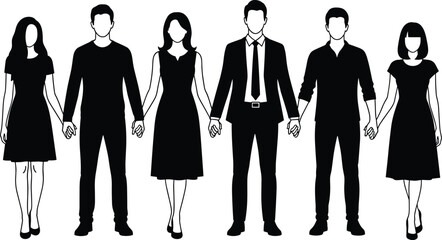 Silhouette group of diverse people standing together holding hands, unity teamwork concept illustration for community support, cooperation, solidarity, and social connection.