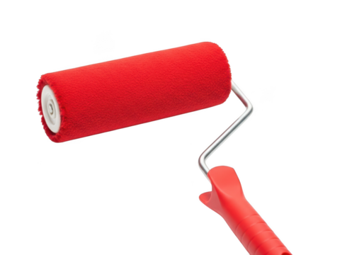 High resolution red paint roller tool for painting walls and ceilings, diy home improvement project, isolated on transparent background