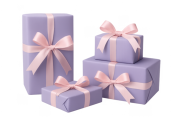 Purple gift boxes with pink bows celebrating surprise