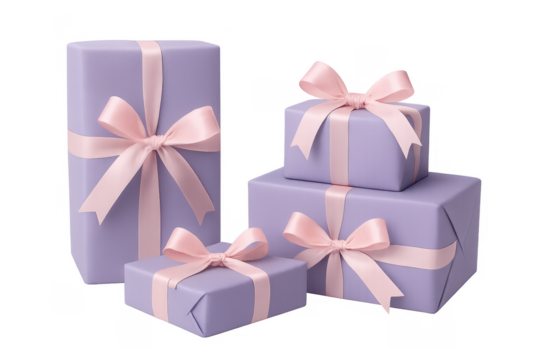 Purple gift boxes with pink bows celebrating surprise
