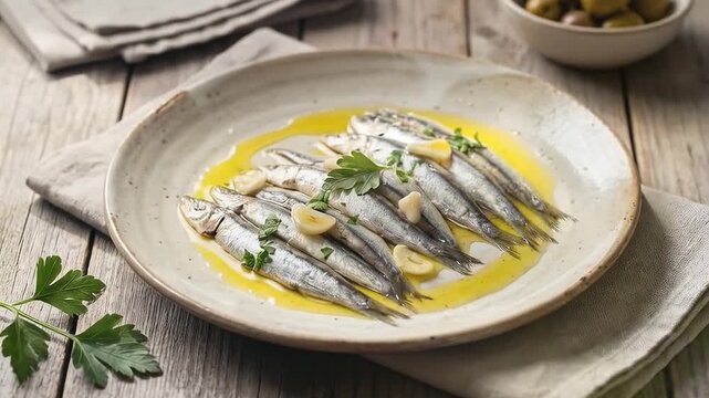 Boquerones en aceite de oliva virgen extra con ajo laminado y perejil fresco, acompa&ntilde;ados de aceitunas verdes