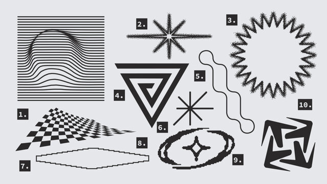 Vector Graphic Assets Set. Shapes in Y2k style, Futuristic, Brutalist, Anti-design