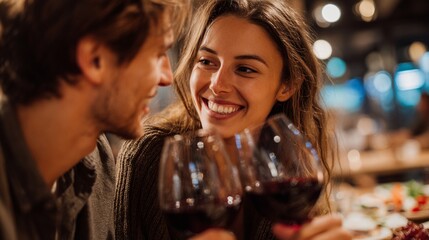 A cheerful couple toasting with glasses of red wine in a cozy restaurant setting, enjoying each other's company amidst a lively atmosphere filled with warm lights.