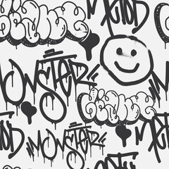 Bold vector graffiti seamless pattern with abstract tags