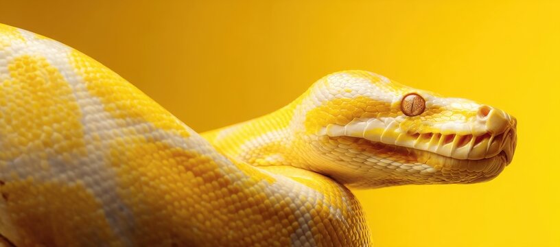 A yellow and white snake is laying on a yellow background