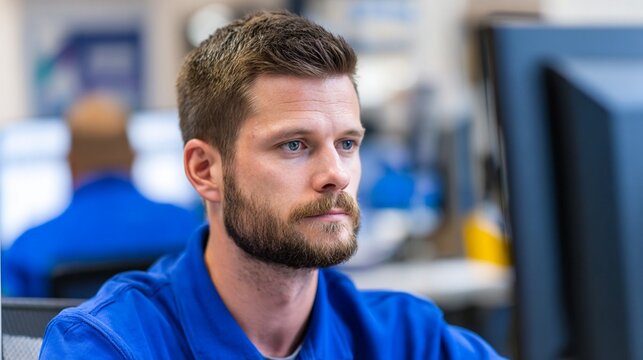 Professional male technician focused on his work in a busy environment, wearing a blue shirt, showcasing the importance of concentration and teamwork in modern workplaces.