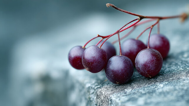 Close-up of ripe chokecherries on a branch with a rustic background.