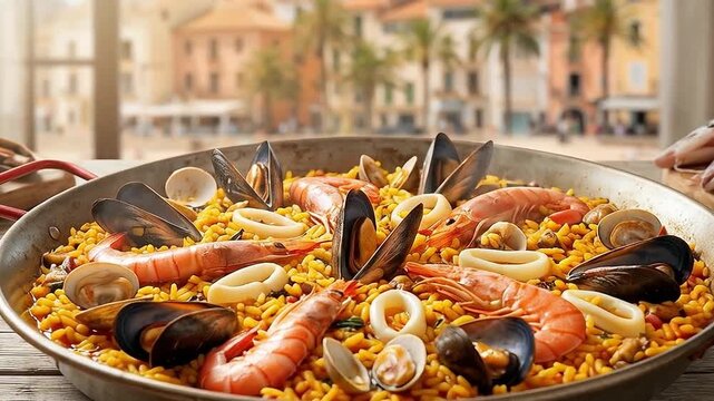 Paella de marisco frente al mar Mediterr&aacute;neo