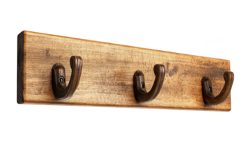 Rustic wooden coat rack with three hooks, vintage style wall mounted hanger, entryway organizer, home decor, isolated on transparent background