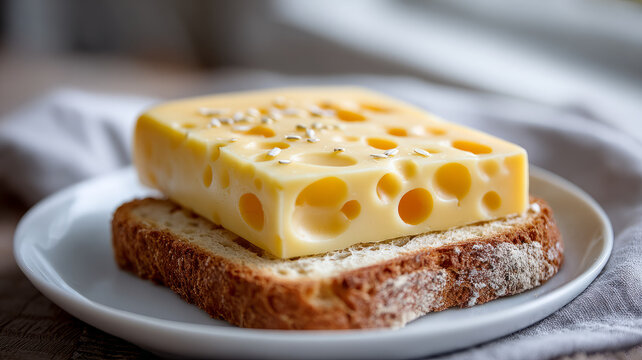 Cheese slice on rustic bread with sesame seeds, cozy kitchen setting. - Powered by Adobe