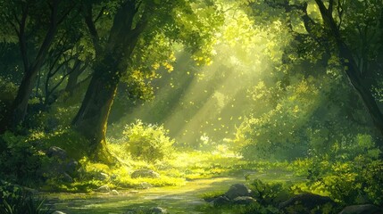 Tranquil scene of a forest landscape with sunlight beams filtering through the dense vibrant green foliage of the trees creating a peaceful and picturesque atmosphere for Earth Day