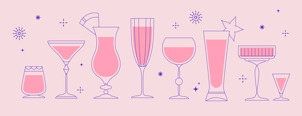 Naklejka premium Set of line art retro cocktails or champagne glasses. Holiday cocktail party. Vector illustration