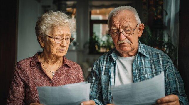 A senior couple carefully examines important documents together, showcasing their emotional connection and shared experiences as they navigate life's challenges in a cozy atmosphere.