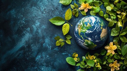 digital rendering or of the planet Earth surrounded by green leaves blooming flowers and other natural elements representing the themes of Earth Day environmental conservation and sustainable living